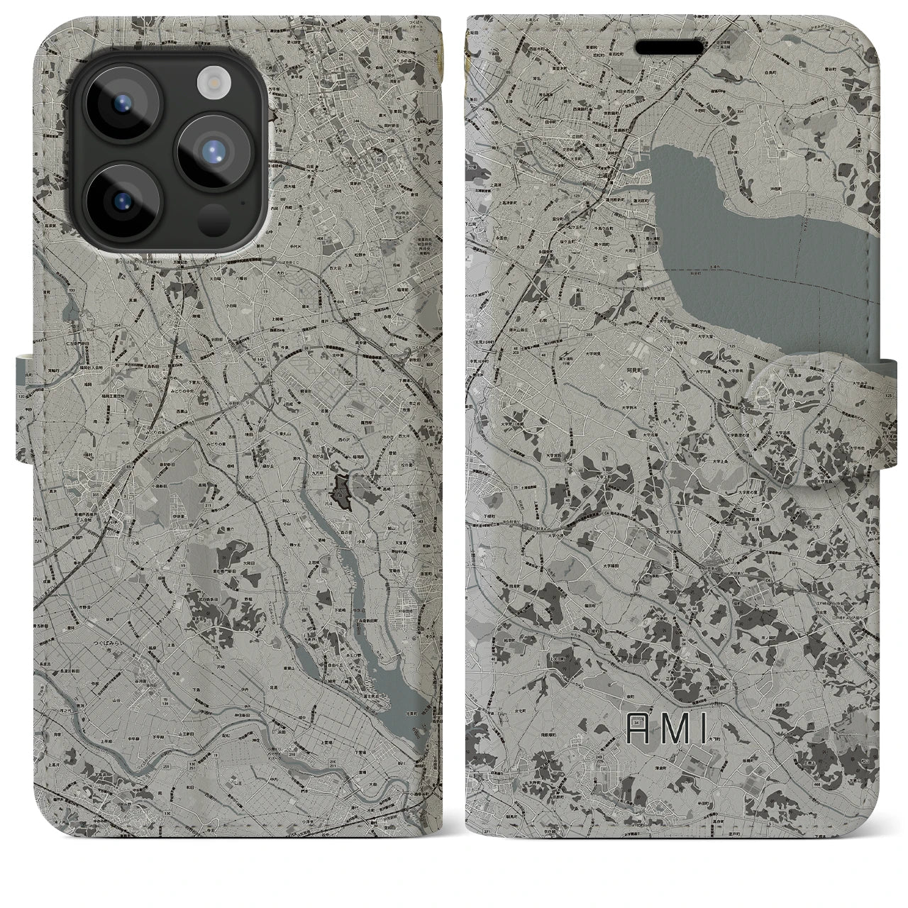 【阿見(茨城県)】地図柄iPhoneケース(手帳タイプ)モノトーン・iPhone 15 Pro Max 用