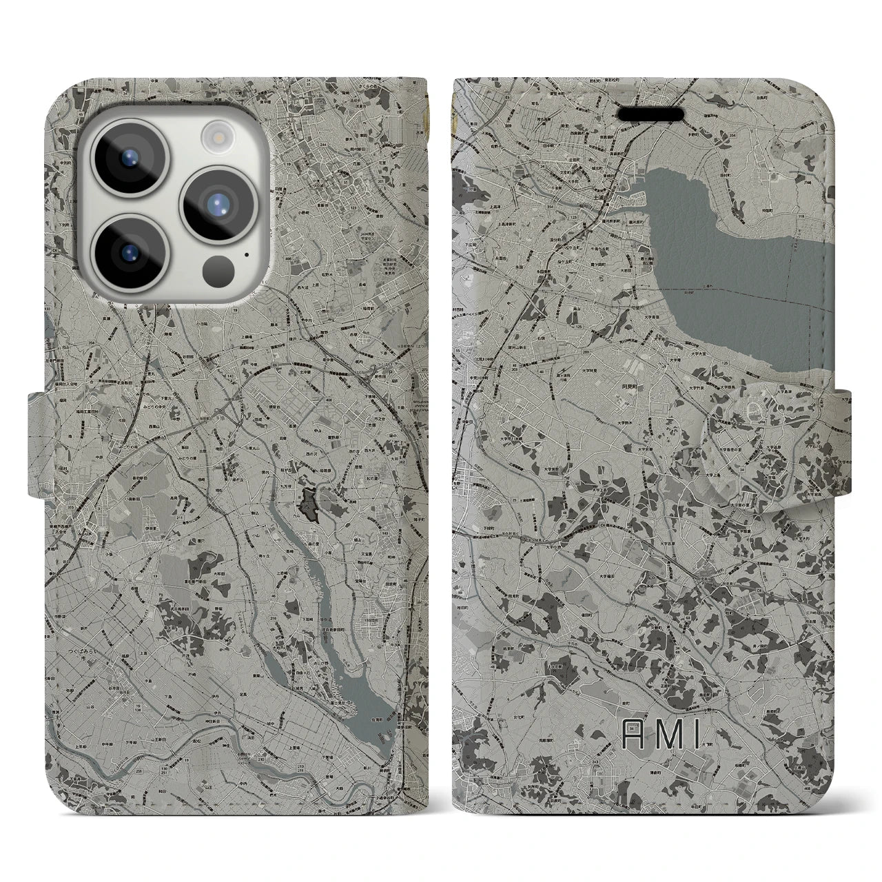 【阿見(茨城県)】地図柄iPhoneケース(手帳タイプ)モノトーン・iPhone 15 Pro 用