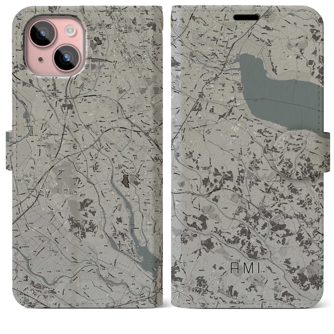 【阿見(茨城県)】地図柄iPhoneケース(手帳タイプ)モノトーン・iPhone 15 Plus 用