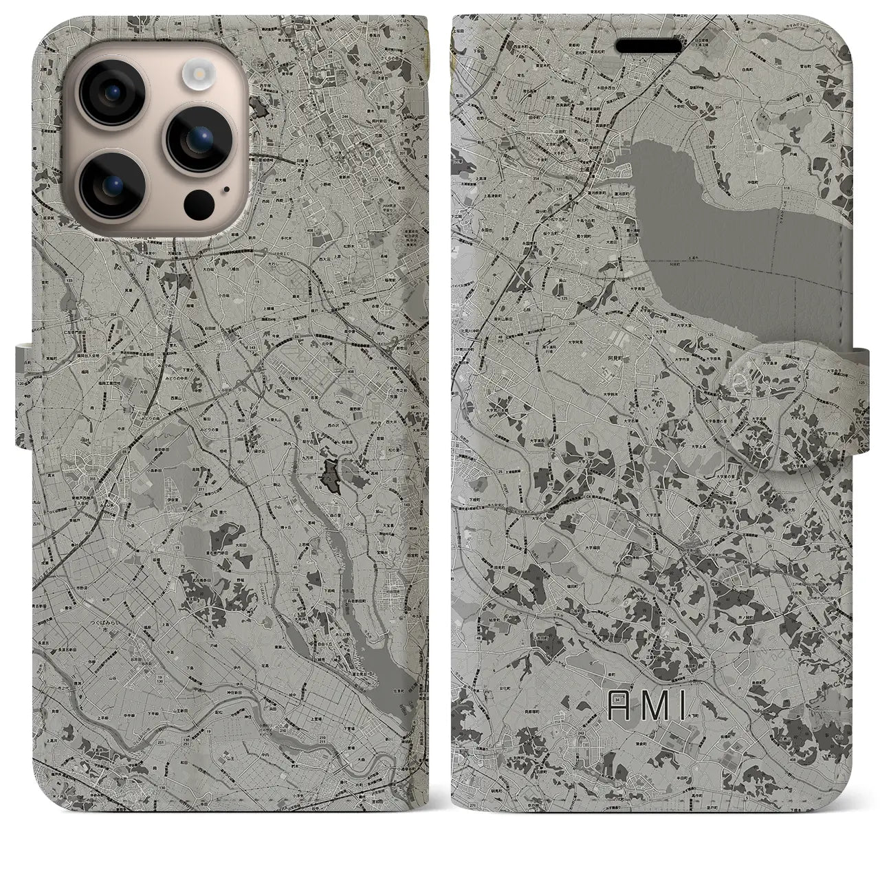 【阿見(茨城県)】地図柄iPhoneケース(手帳タイプ)モノトーン・iPhone 16 Plus 用