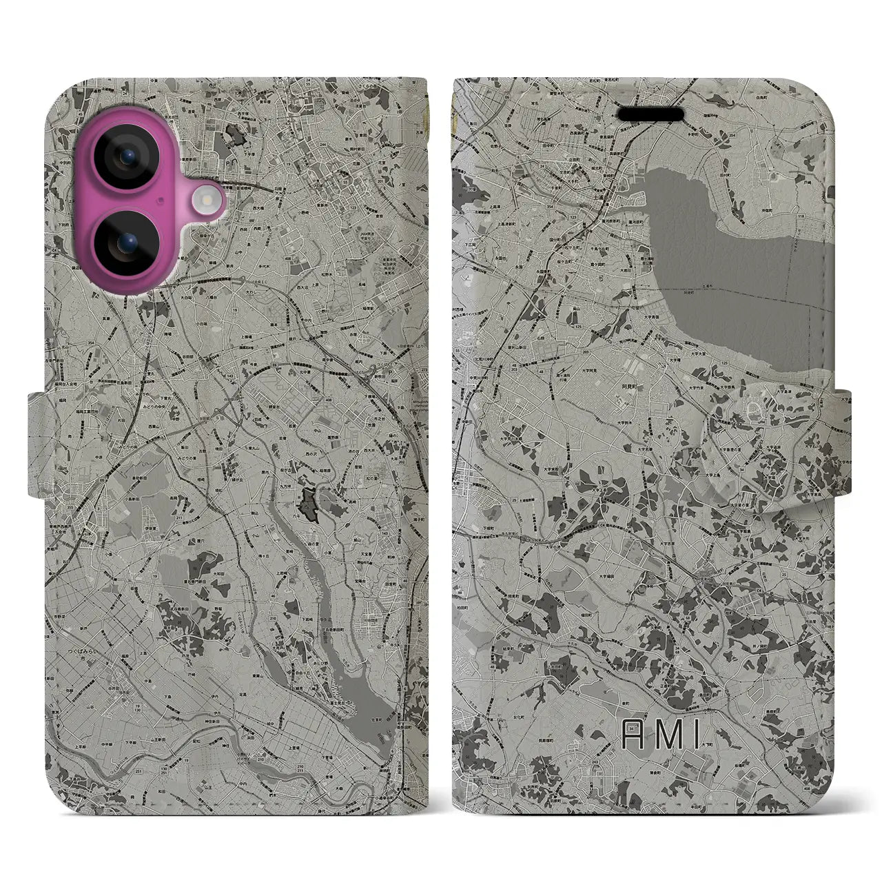 【阿見(茨城県)】地図柄iPhoneケース(手帳タイプ)モノトーン・iPhone 16 Pro 用