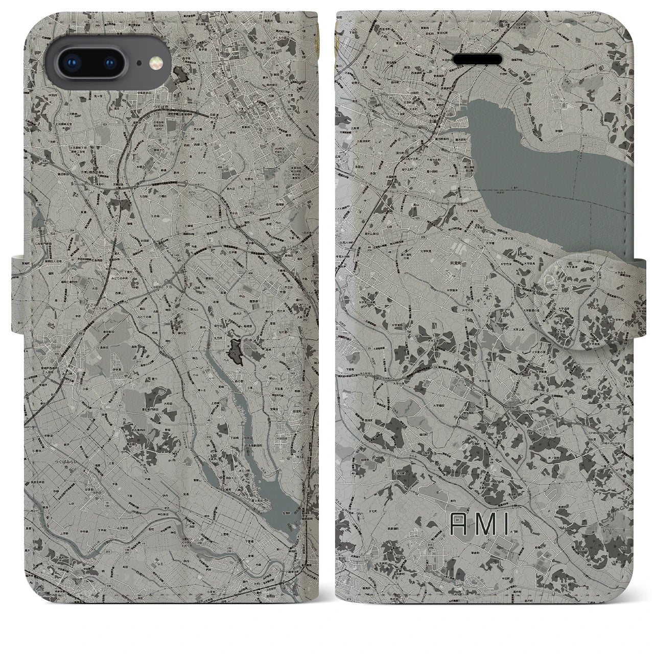 【阿見(茨城県)】地図柄iPhoneケース(手帳タイプ)モノトーン・iPhone 8Plus /7Plus / 6sPlus / 6Plus 用