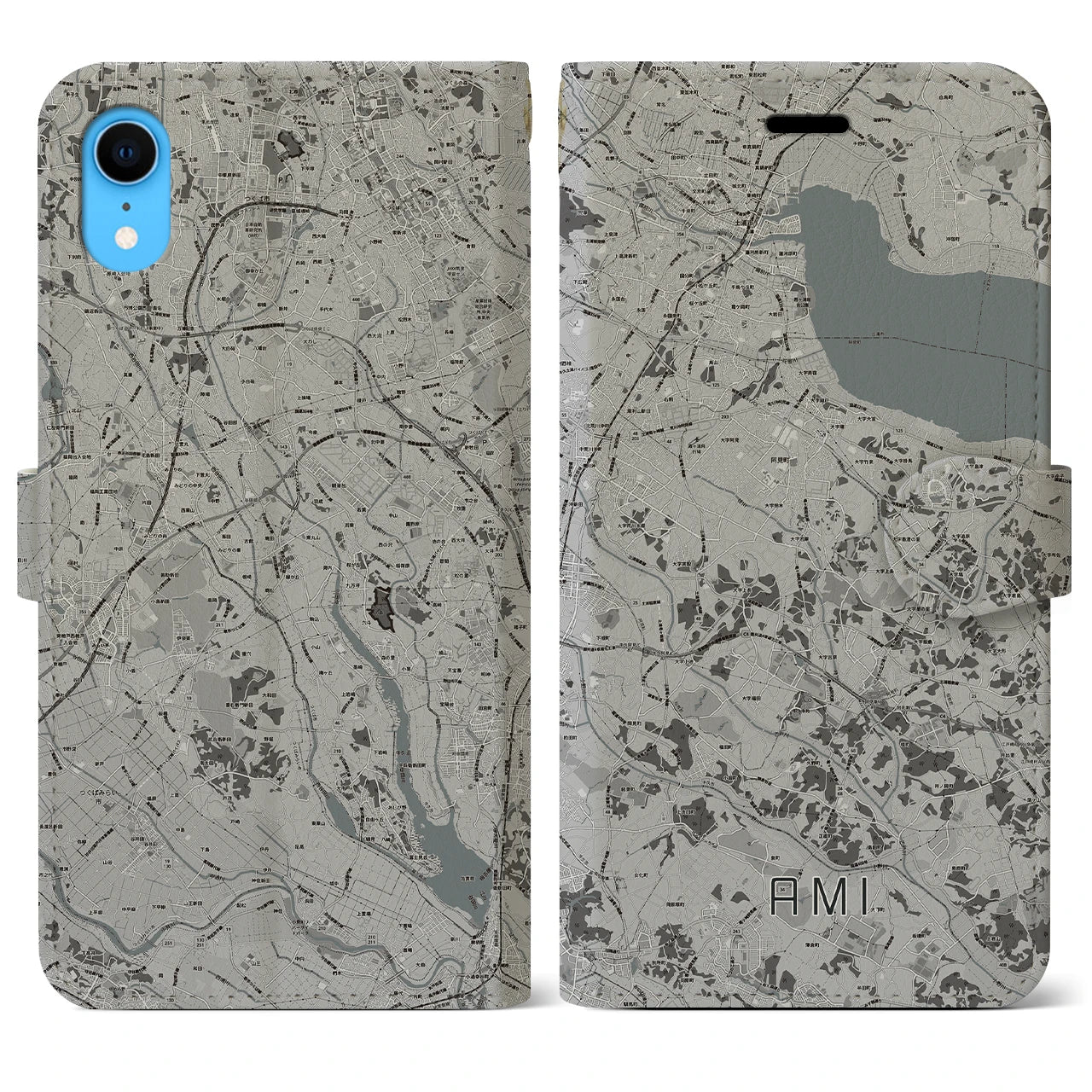 【阿見(茨城県)】地図柄iPhoneケース(手帳タイプ)モノトーン・iPhone XR 用