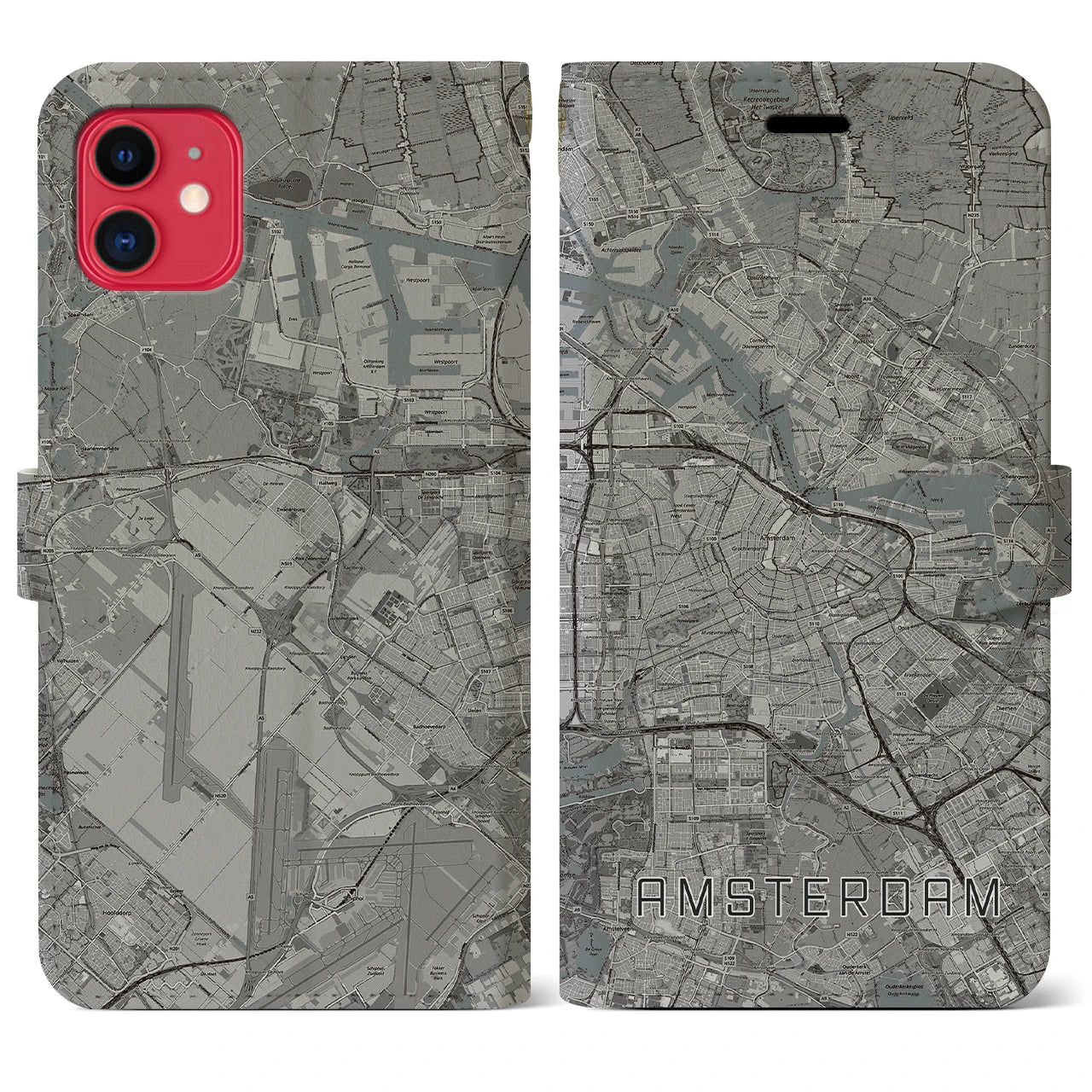 【アムステルダム(オランダ)】地図柄iPhoneケース(手帳タイプ)モノトーン・iPhone 11 用