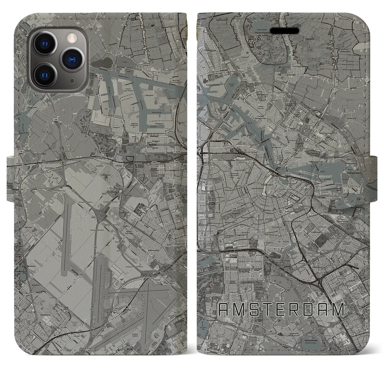 【アムステルダム(オランダ)】地図柄iPhoneケース(手帳タイプ)モノトーン・iPhone 11 Pro Max 用