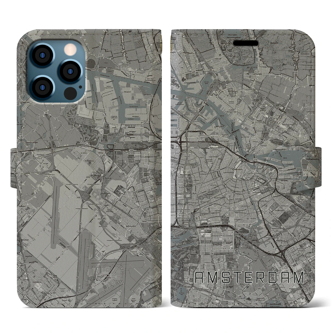 【アムステルダム(オランダ)】地図柄iPhoneケース(手帳タイプ)モノトーン・iPhone 12 / 12 Pro 用