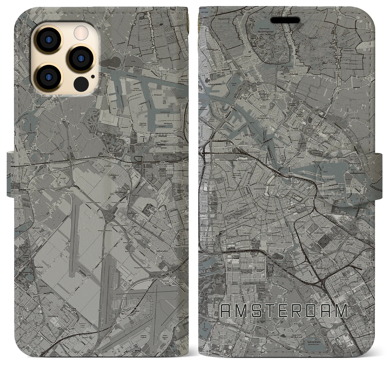 【アムステルダム(オランダ)】地図柄iPhoneケース(手帳タイプ)モノトーン・iPhone 12 Pro Max 用