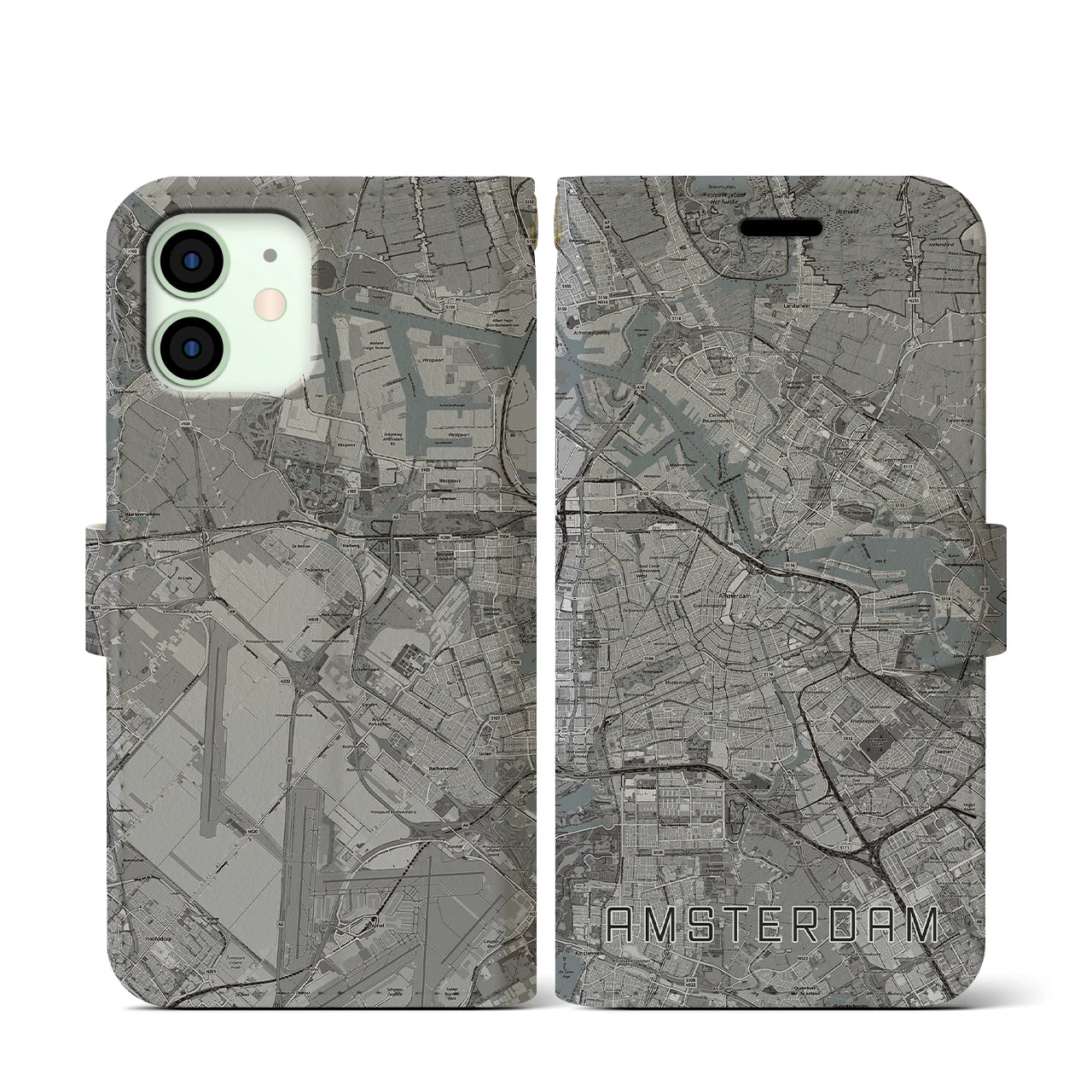 【アムステルダム(オランダ)】地図柄iPhoneケース(手帳タイプ)モノトーン・iPhone 12 mini 用