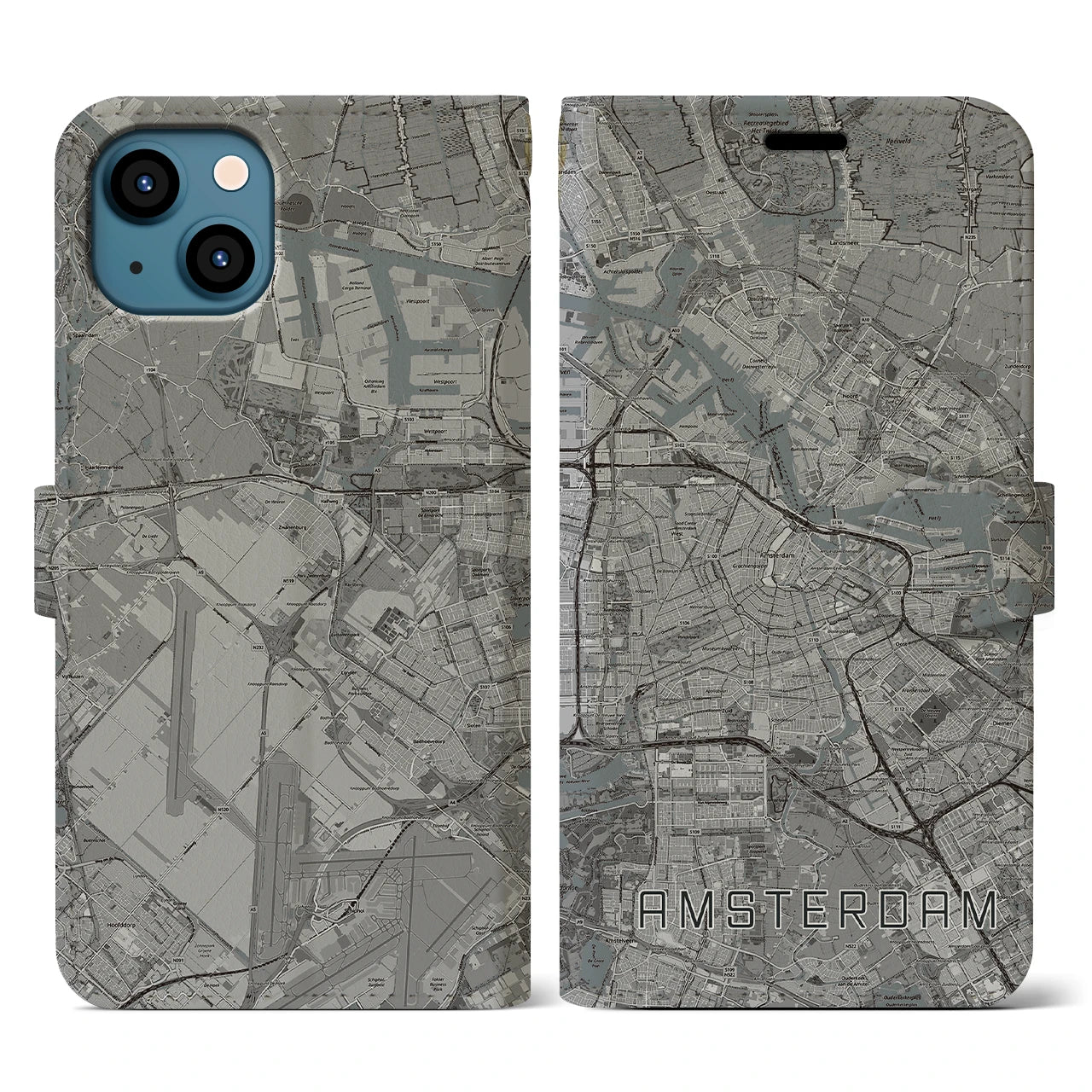 【アムステルダム(オランダ)】地図柄iPhoneケース(手帳タイプ)モノトーン・iPhone 13 用
