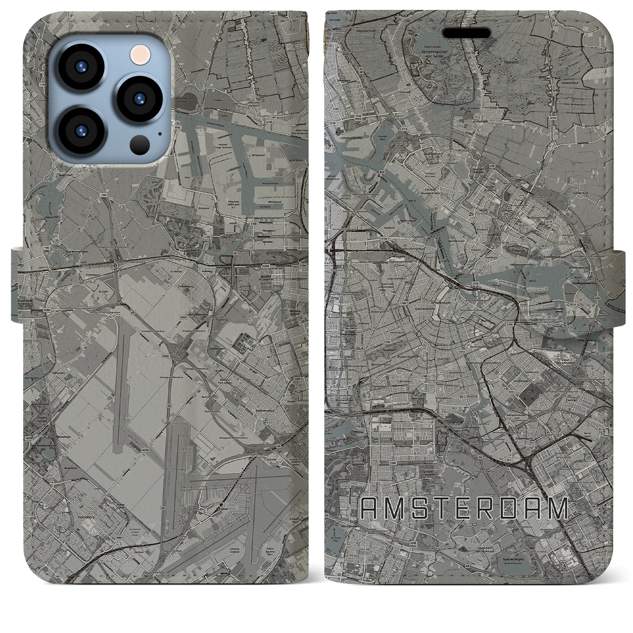 【アムステルダム(オランダ)】地図柄iPhoneケース(手帳タイプ)モノトーン・iPhone 13 Pro Max 用