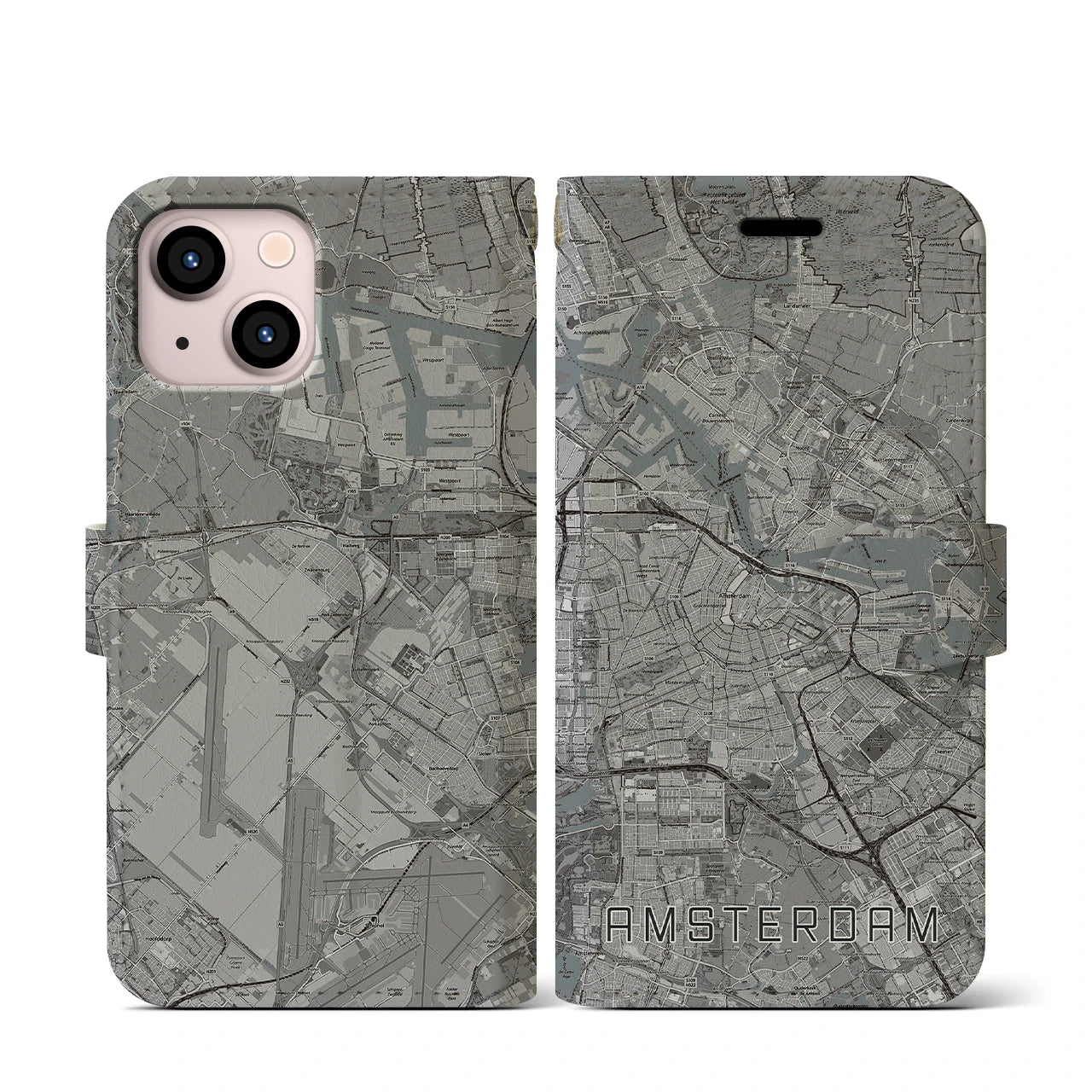 【アムステルダム(オランダ)】地図柄iPhoneケース(手帳タイプ)モノトーン・iPhone 13 mini 用