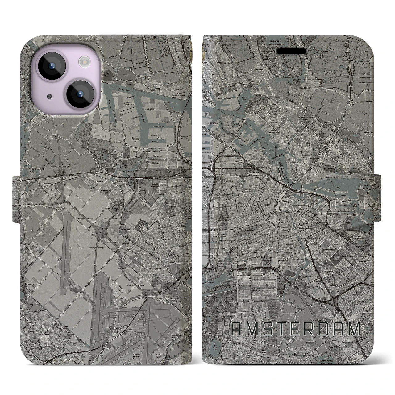 【アムステルダム(オランダ)】地図柄iPhoneケース(手帳タイプ)モノトーン・iPhone 14 用