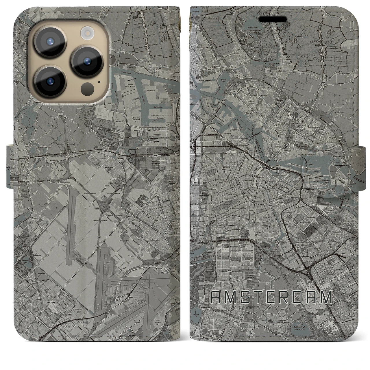 【アムステルダム(オランダ)】地図柄iPhoneケース(手帳タイプ)モノトーン・iPhone 14 Pro Max 用