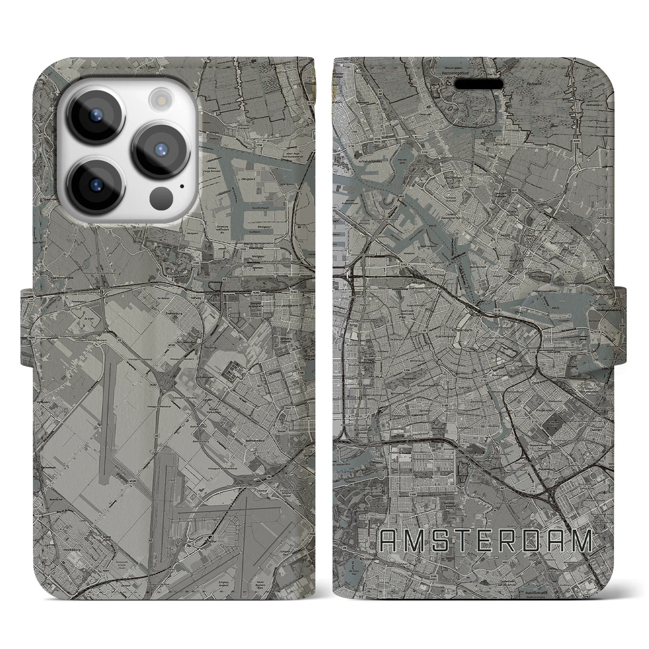 【アムステルダム(オランダ)】地図柄iPhoneケース(手帳タイプ)モノトーン・iPhone 14 Pro 用