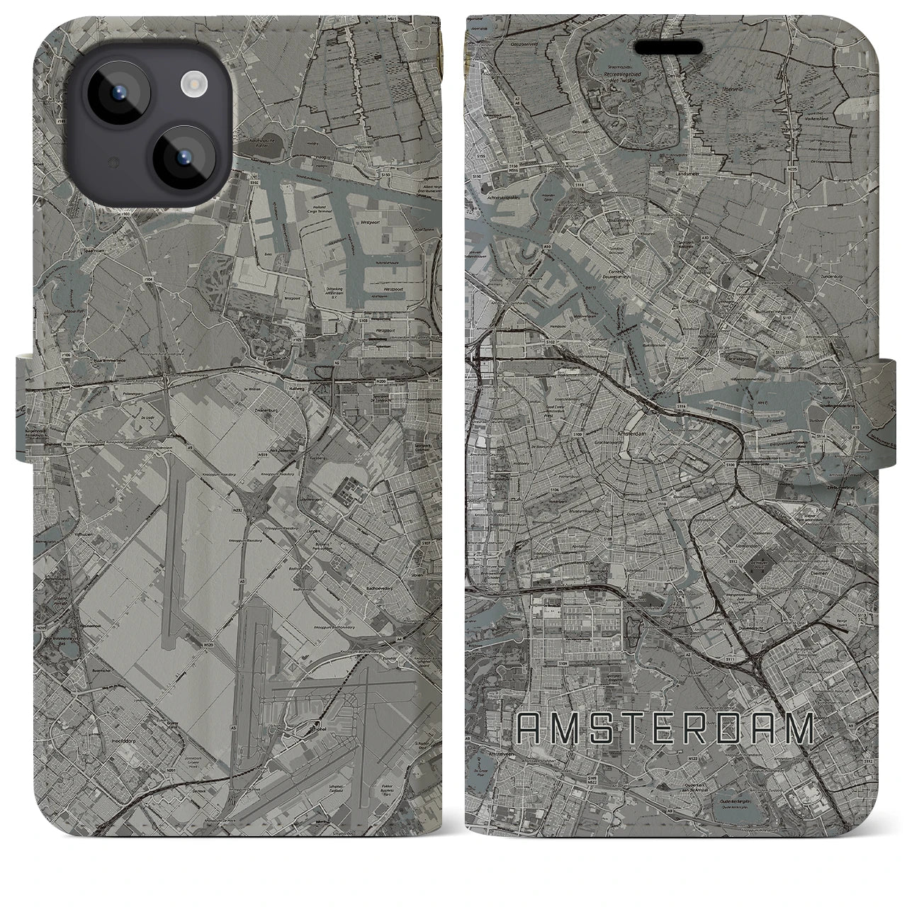 【アムステルダム(オランダ)】地図柄iPhoneケース(手帳タイプ)モノトーン・iPhone 14 Plus 用