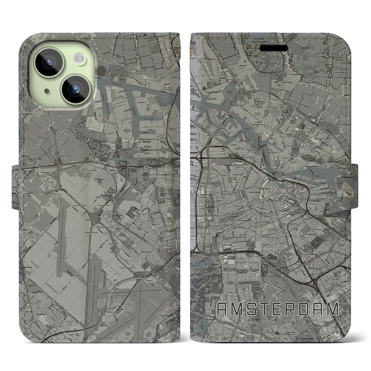 【アムステルダム(オランダ)】地図柄iPhoneケース(手帳タイプ)モノトーン・iPhone 15 用
