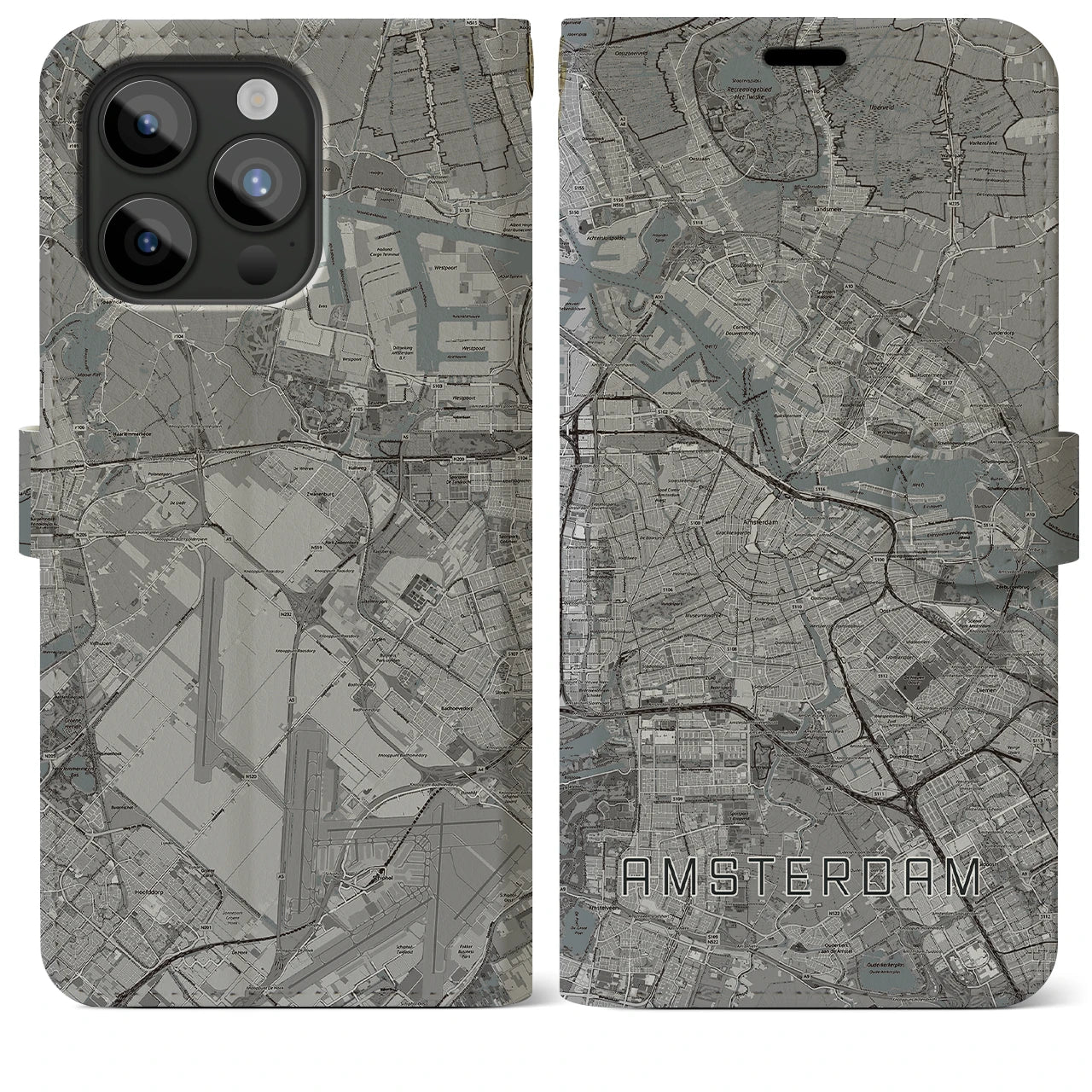 【アムステルダム(オランダ)】地図柄iPhoneケース(手帳タイプ)モノトーン・iPhone 15 Pro Max 用