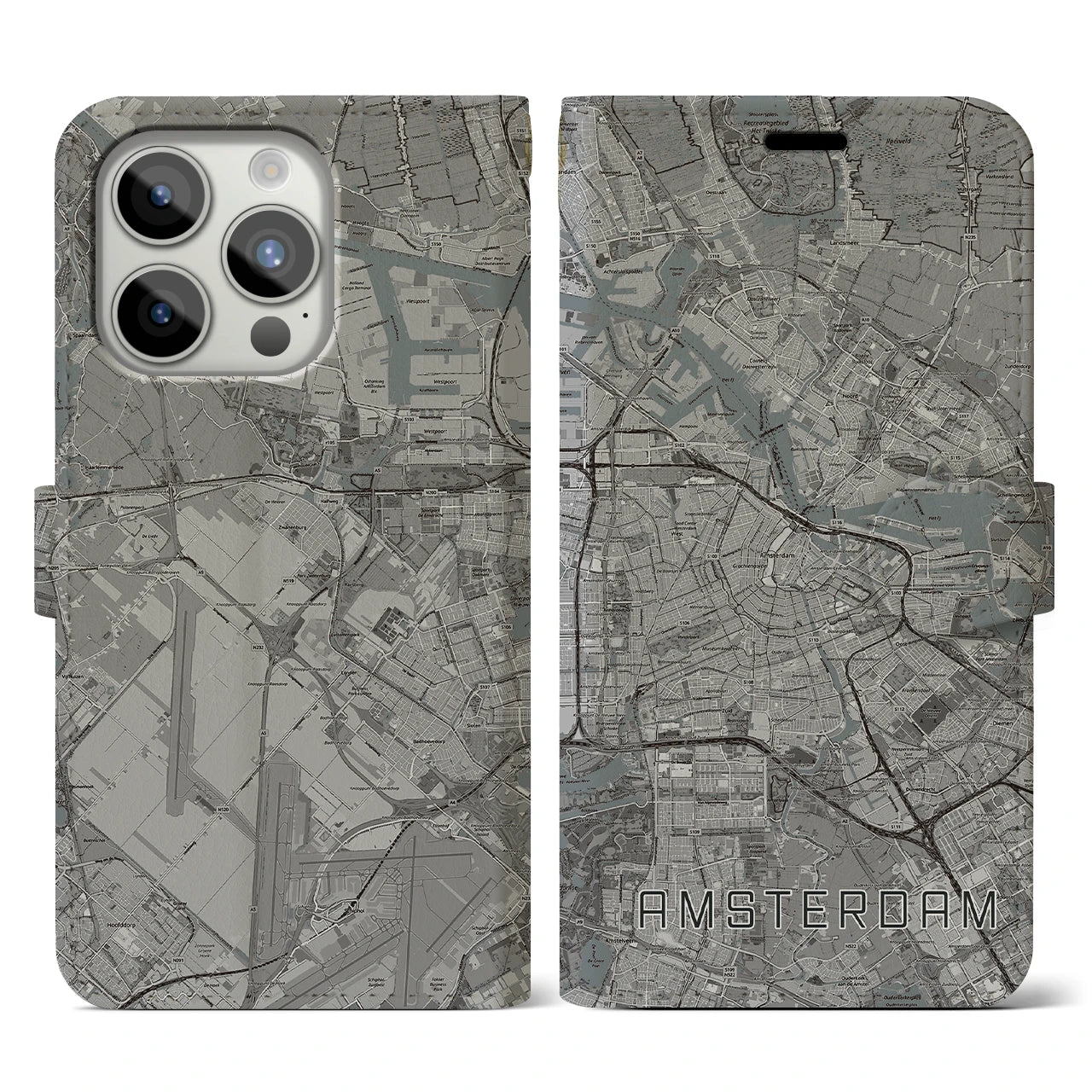 【アムステルダム(オランダ)】地図柄iPhoneケース(手帳タイプ)モノトーン・iPhone 15 Pro 用