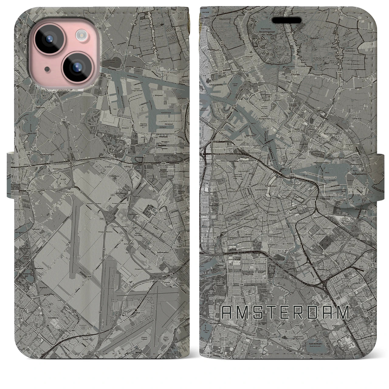 【アムステルダム(オランダ)】地図柄iPhoneケース(手帳タイプ)モノトーン・iPhone 15 Plus 用