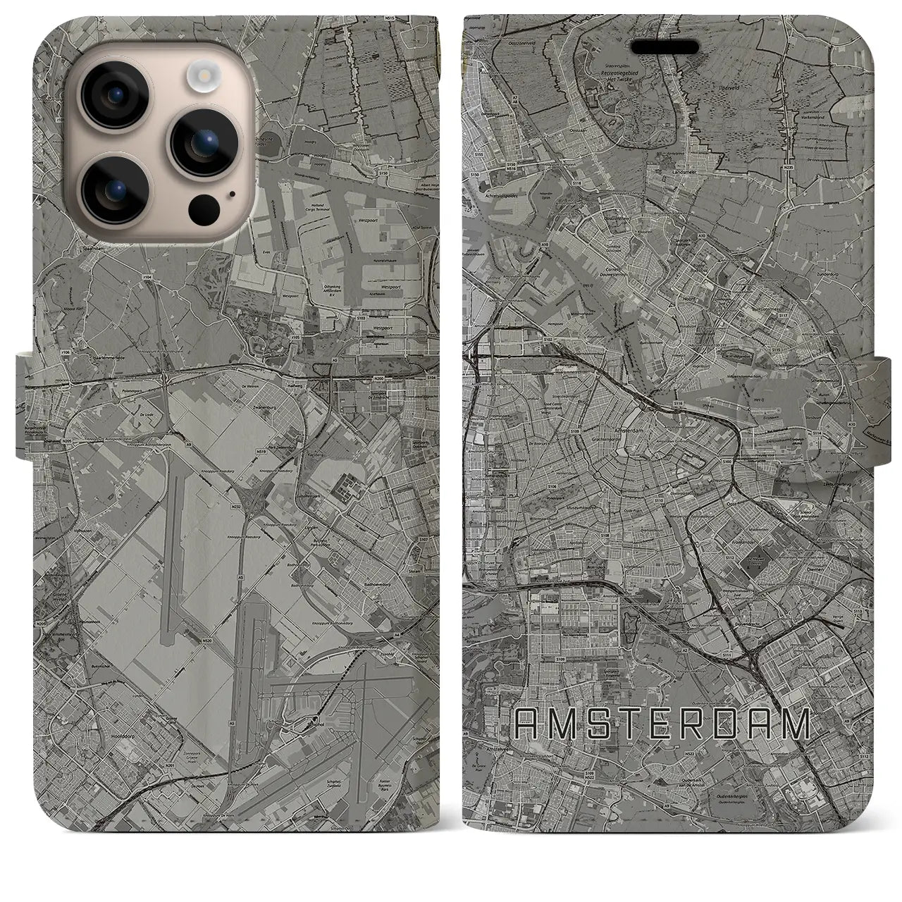 【アムステルダム(オランダ)】地図柄iPhoneケース(手帳タイプ)モノトーン・iPhone 16 Plus 用