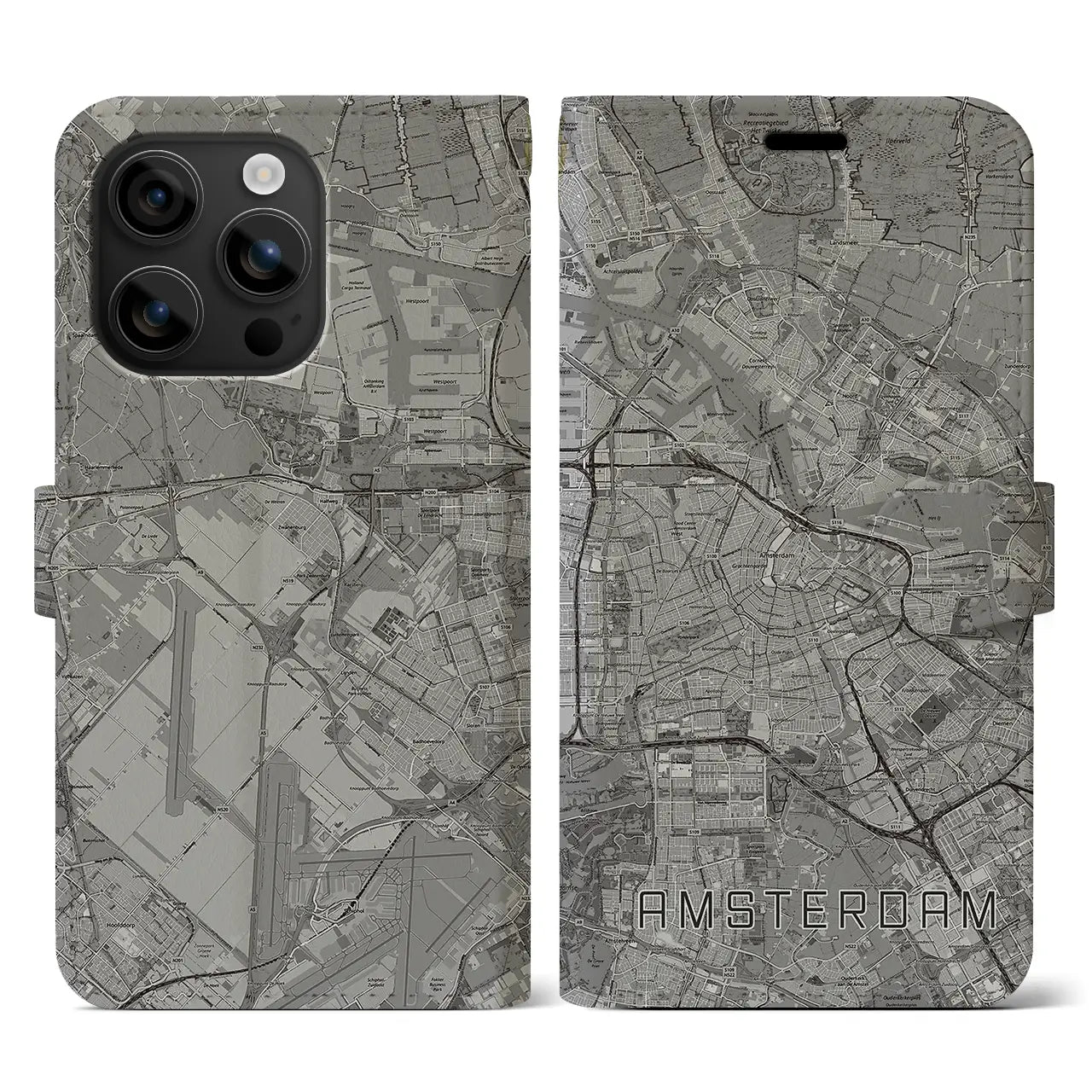 【アムステルダム(オランダ)】地図柄iPhoneケース(手帳タイプ)モノトーン・iPhone 16 用