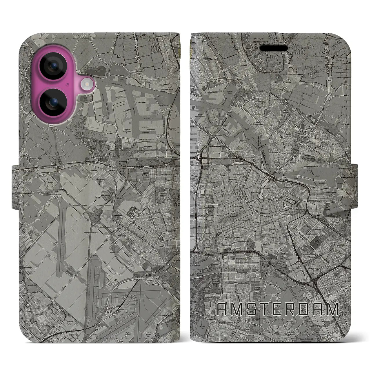 【アムステルダム(オランダ)】地図柄iPhoneケース(手帳タイプ)モノトーン・iPhone 16 Pro 用