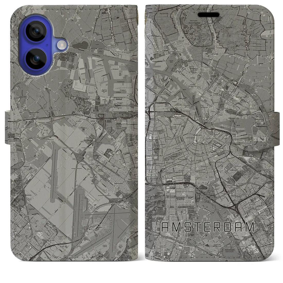 【アムステルダム(オランダ)】地図柄iPhoneケース(手帳タイプ)モノトーン・iPhone 16 Pro Max 用