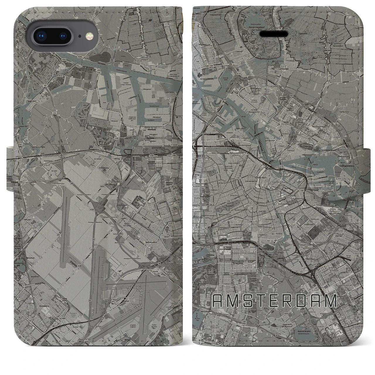 【アムステルダム(オランダ)】地図柄iPhoneケース(手帳タイプ)モノトーン・iPhone 8Plus /7Plus / 6sPlus / 6Plus 用