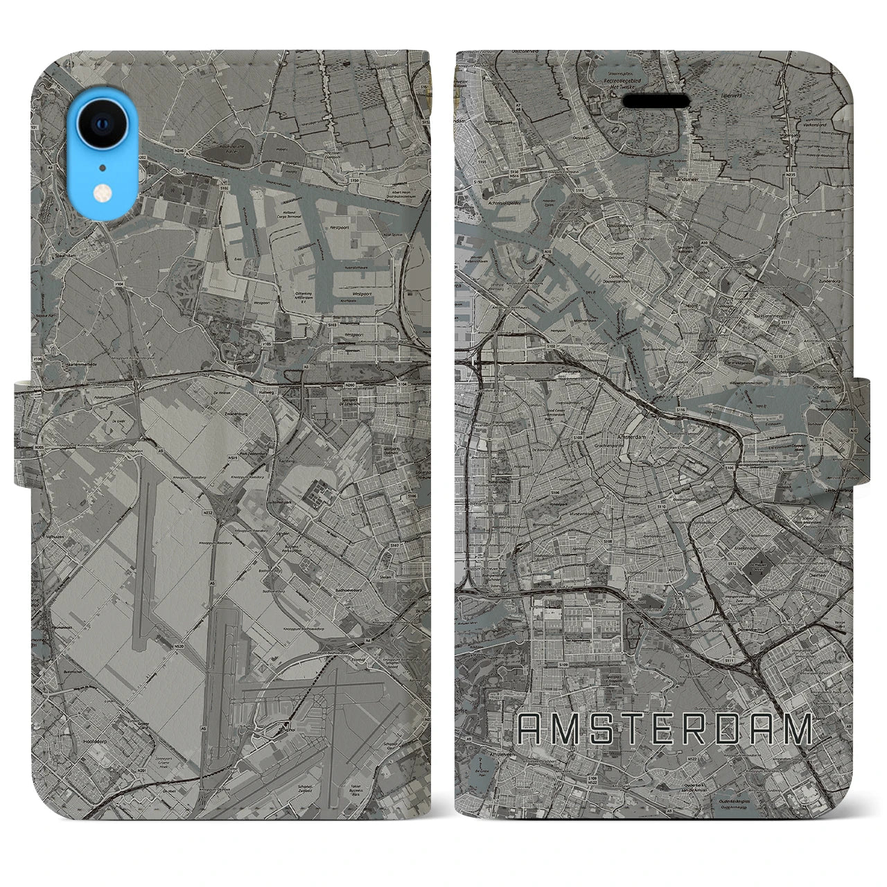 【アムステルダム(オランダ)】地図柄iPhoneケース(手帳タイプ)モノトーン・iPhone XR 用