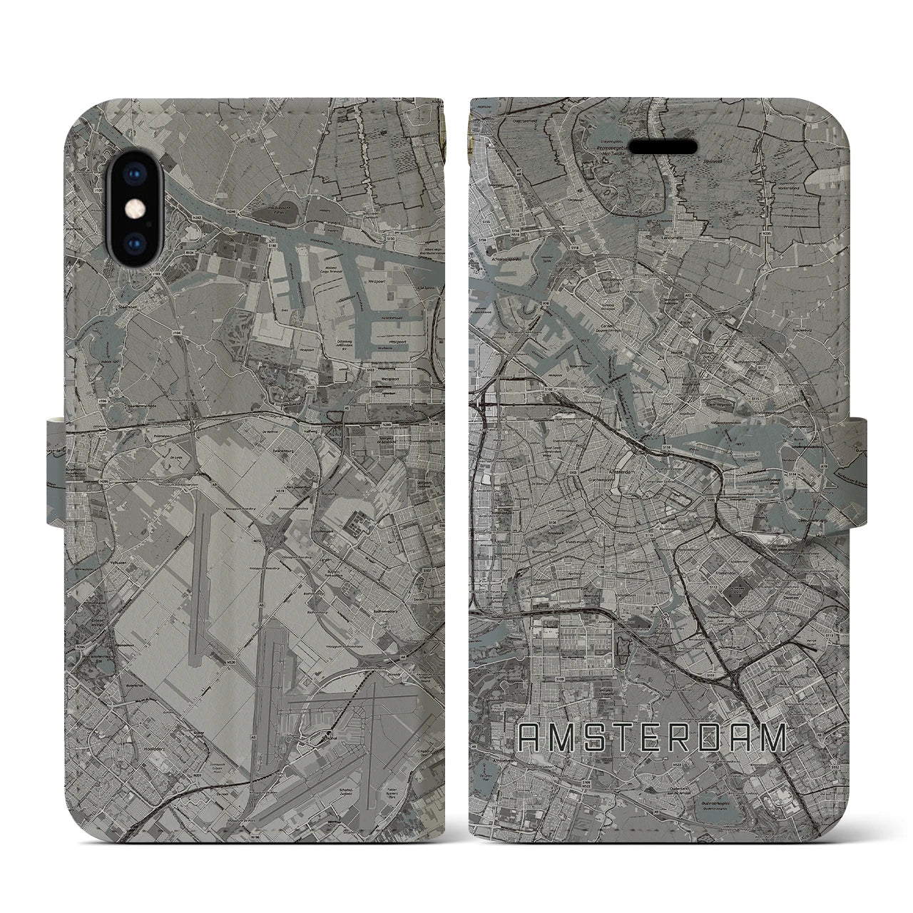 【アムステルダム(オランダ)】地図柄iPhoneケース(手帳タイプ)モノトーン・iPhone XS / X 用