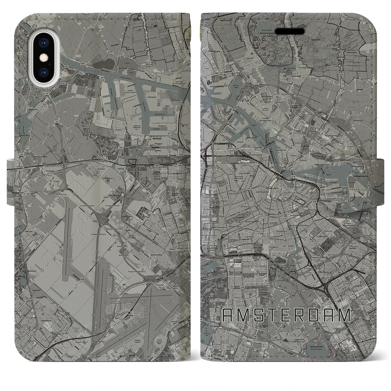 【アムステルダム(オランダ)】地図柄iPhoneケース(手帳タイプ)モノトーン・iPhone XS Max 用