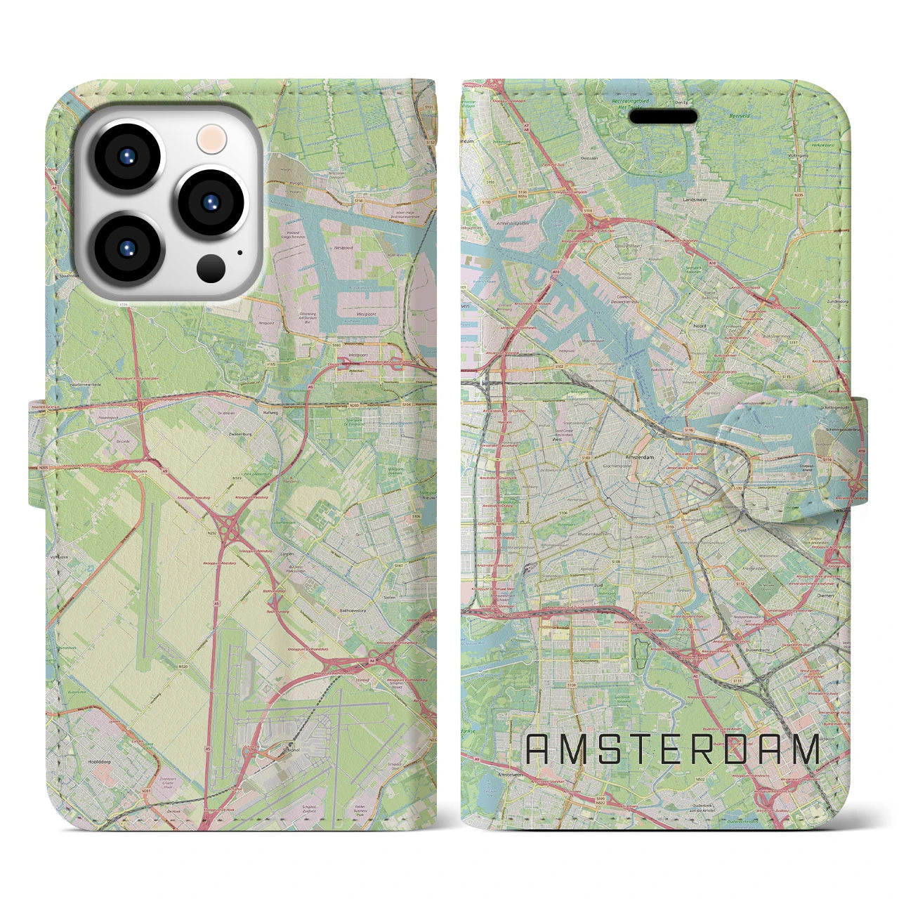 【アムステルダム(オランダ)】地図柄iPhoneケース(手帳タイプ)ナチュラル・iPhone 13 Pro 用