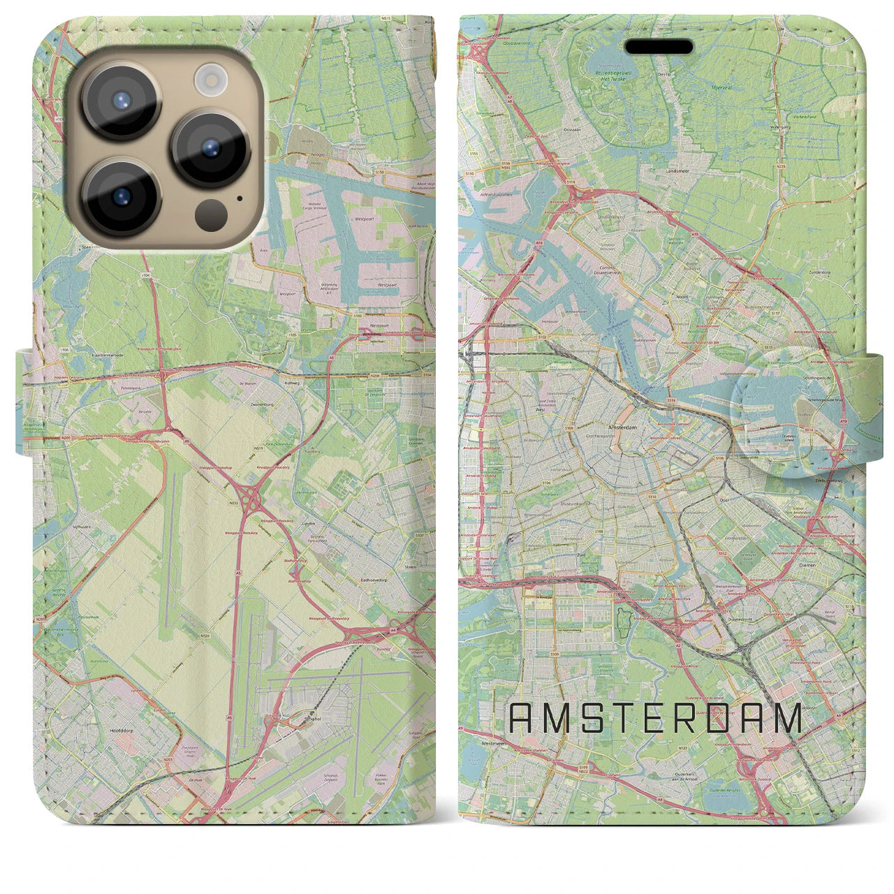 【アムステルダム(オランダ)】地図柄iPhoneケース(手帳タイプ)ナチュラル・iPhone 14 Pro Max 用