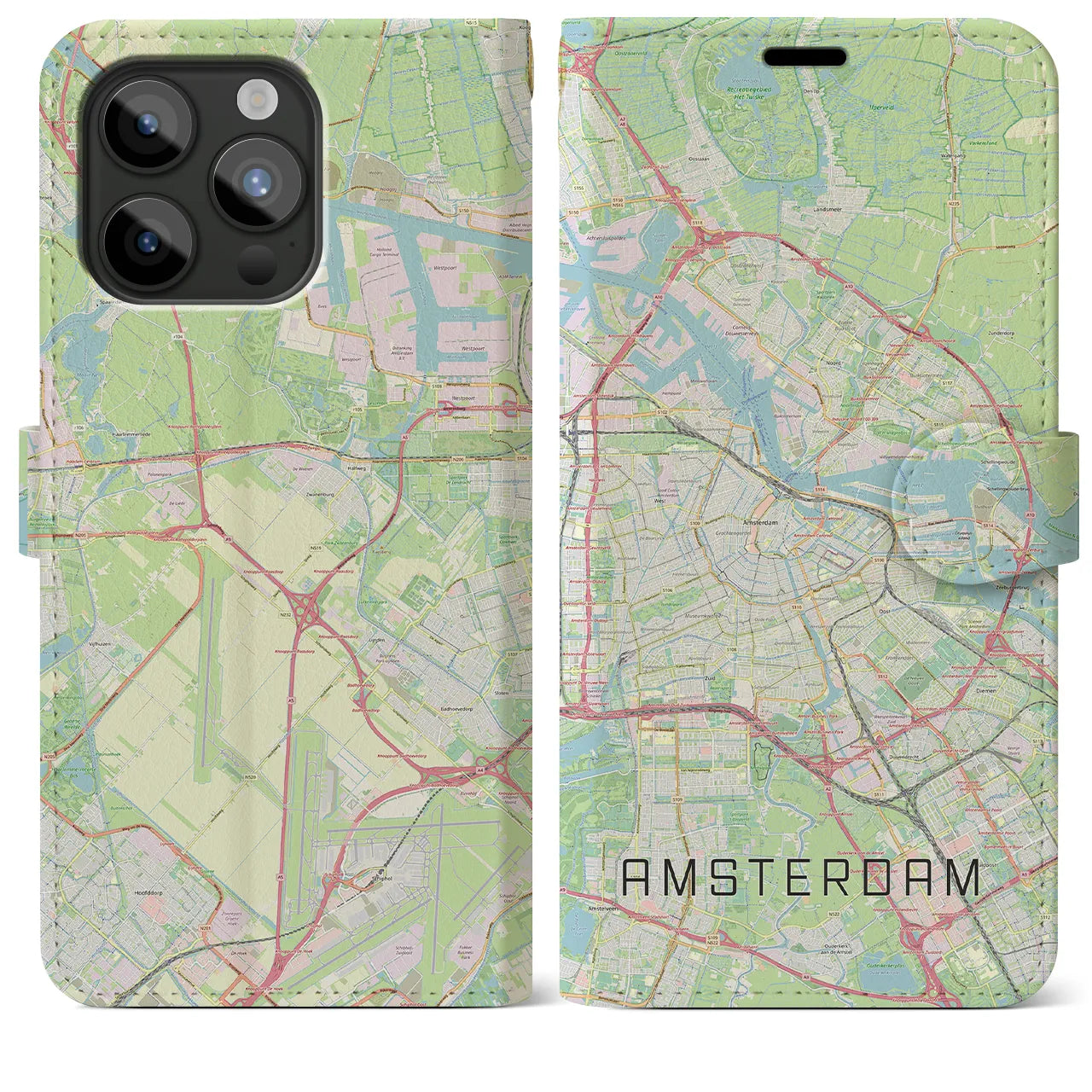 【アムステルダム(オランダ)】地図柄iPhoneケース(手帳タイプ)ナチュラル・iPhone 15 Pro Max 用
