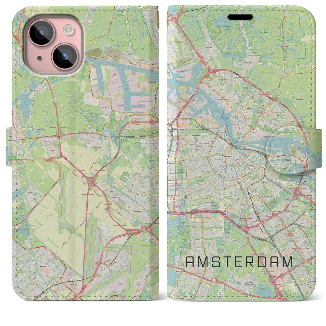 【アムステルダム(オランダ)】地図柄iPhoneケース(手帳タイプ)ナチュラル・iPhone 15 Plus 用
