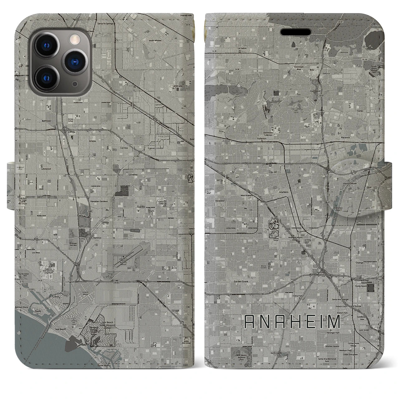 【アナハイム(アメリカ)】地図柄iPhoneケース(手帳タイプ)モノトーン・iPhone 11 Pro Max 用
