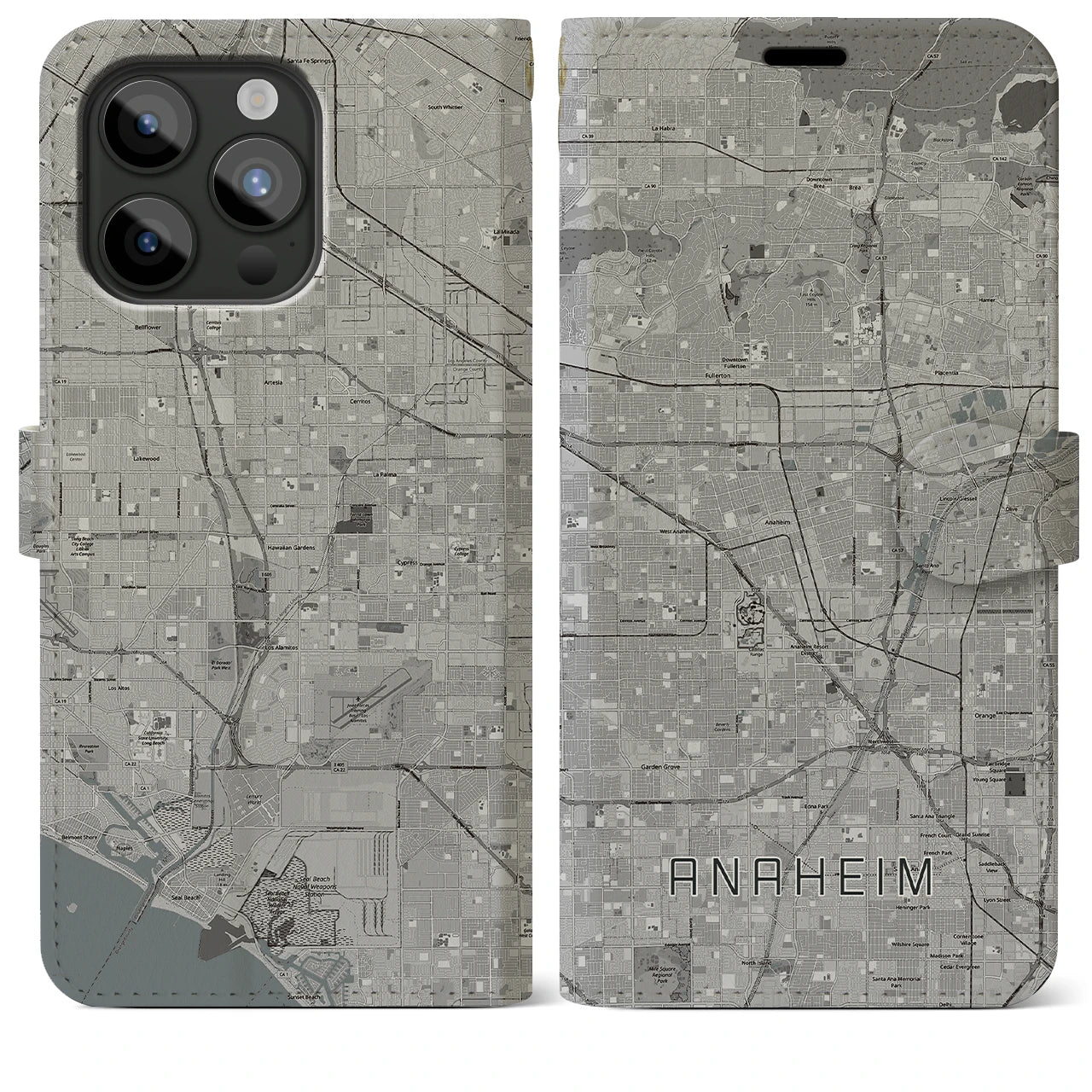 【アナハイム(アメリカ)】地図柄iPhoneケース(手帳タイプ)モノトーン・iPhone 15 Pro Max 用