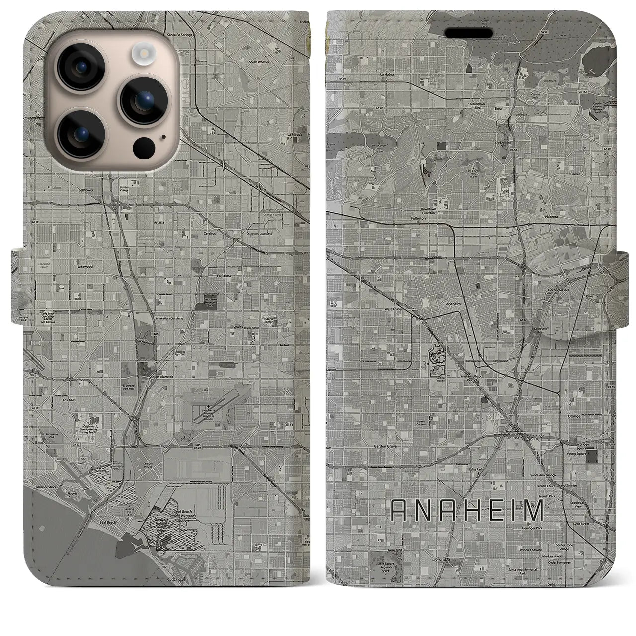 【アナハイム(アメリカ)】地図柄iPhoneケース(手帳タイプ)モノトーン・iPhone 16 Plus 用