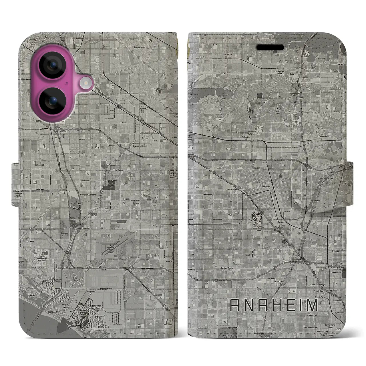 【アナハイム(アメリカ)】地図柄iPhoneケース(手帳タイプ)モノトーン・iPhone 16 Pro 用