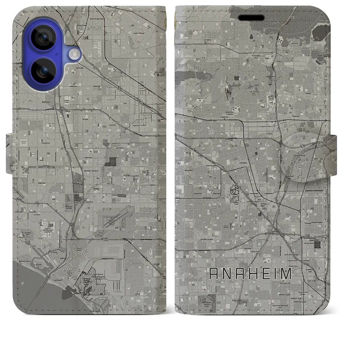 【アナハイム(アメリカ)】地図柄iPhoneケース(手帳タイプ)モノトーン・iPhone 16 Pro Max 用