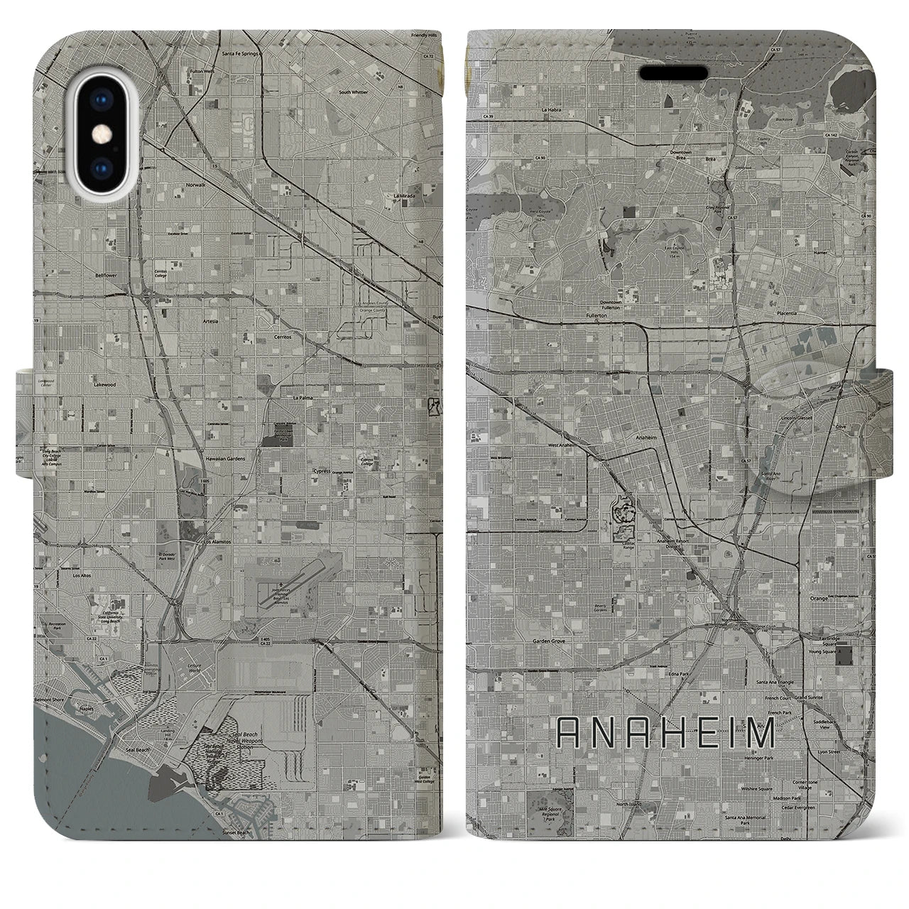 【アナハイム(アメリカ)】地図柄iPhoneケース(手帳タイプ)モノトーン・iPhone XS Max 用