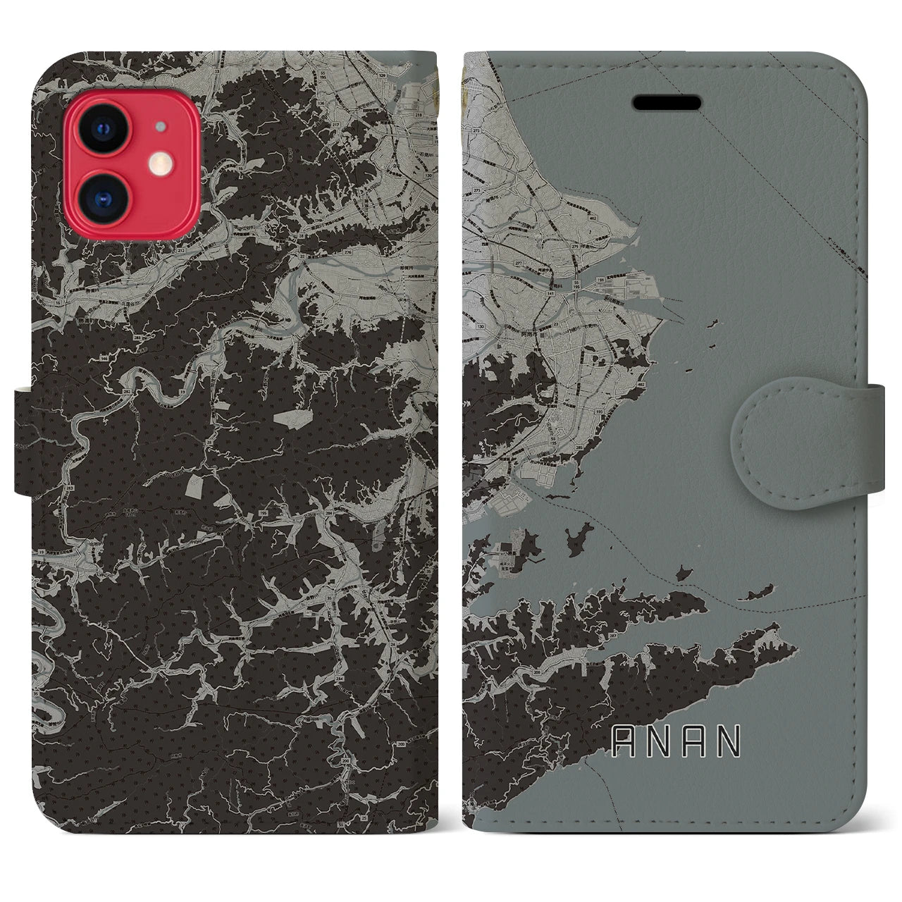 【阿南(徳島県)】地図柄iPhoneケース(手帳タイプ)モノトーン・iPhone 11 用