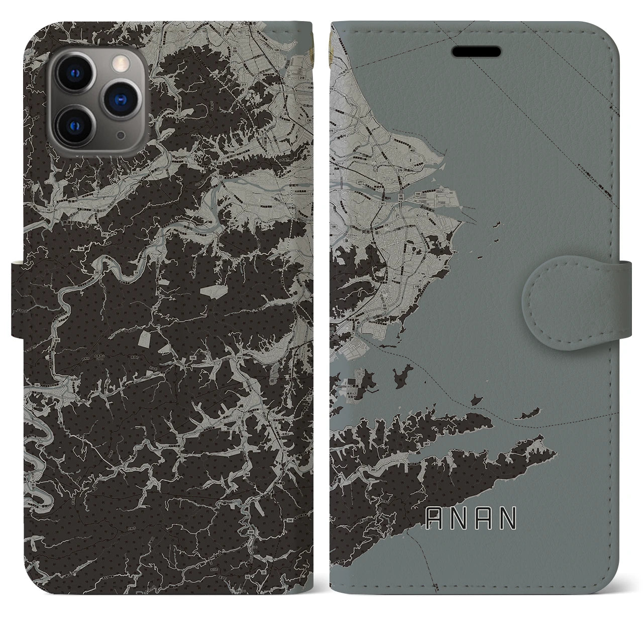 【阿南(徳島県)】地図柄iPhoneケース(手帳タイプ)モノトーン・iPhone 11 Pro Max 用