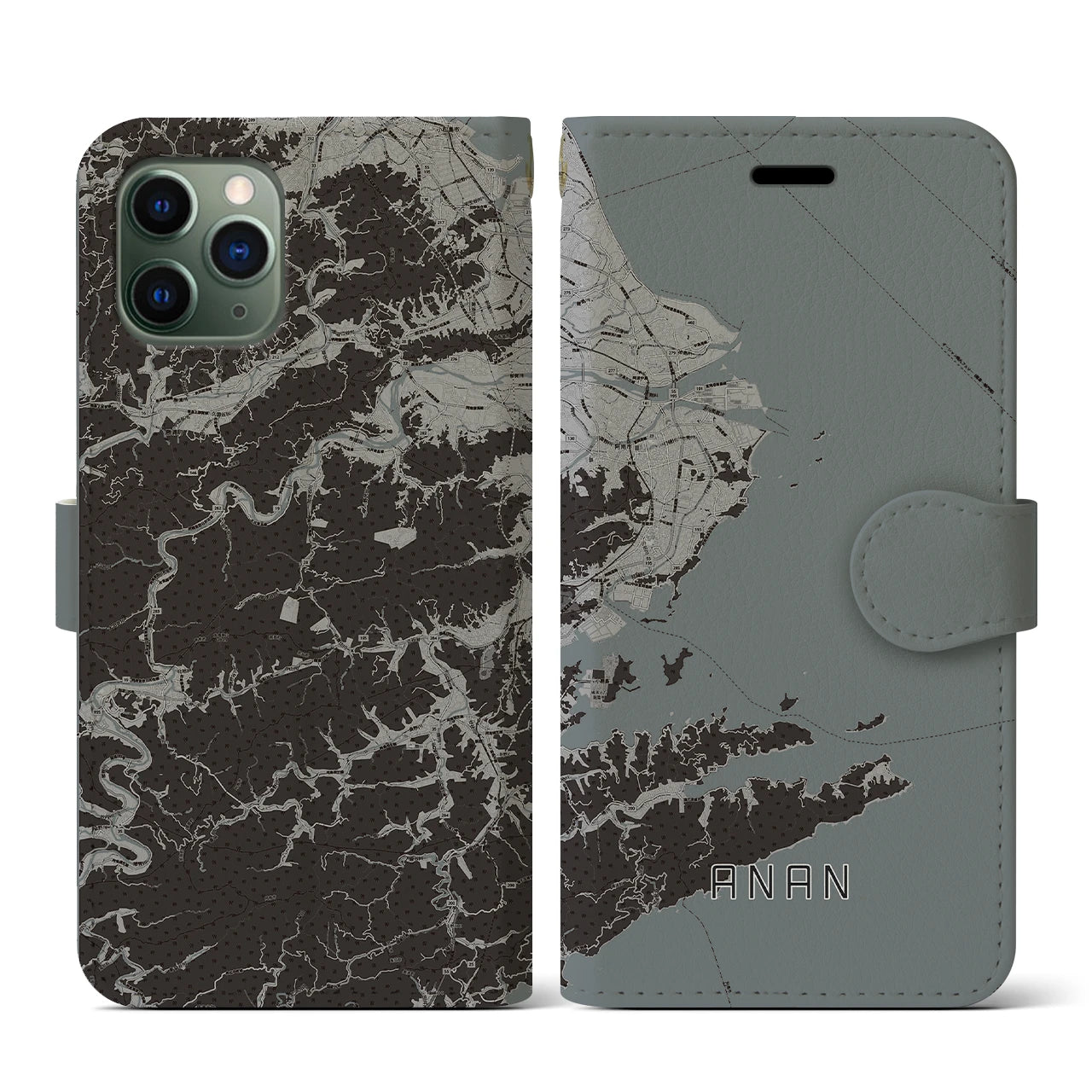 【阿南(徳島県)】地図柄iPhoneケース(手帳タイプ)モノトーン・iPhone 11 Pro 用