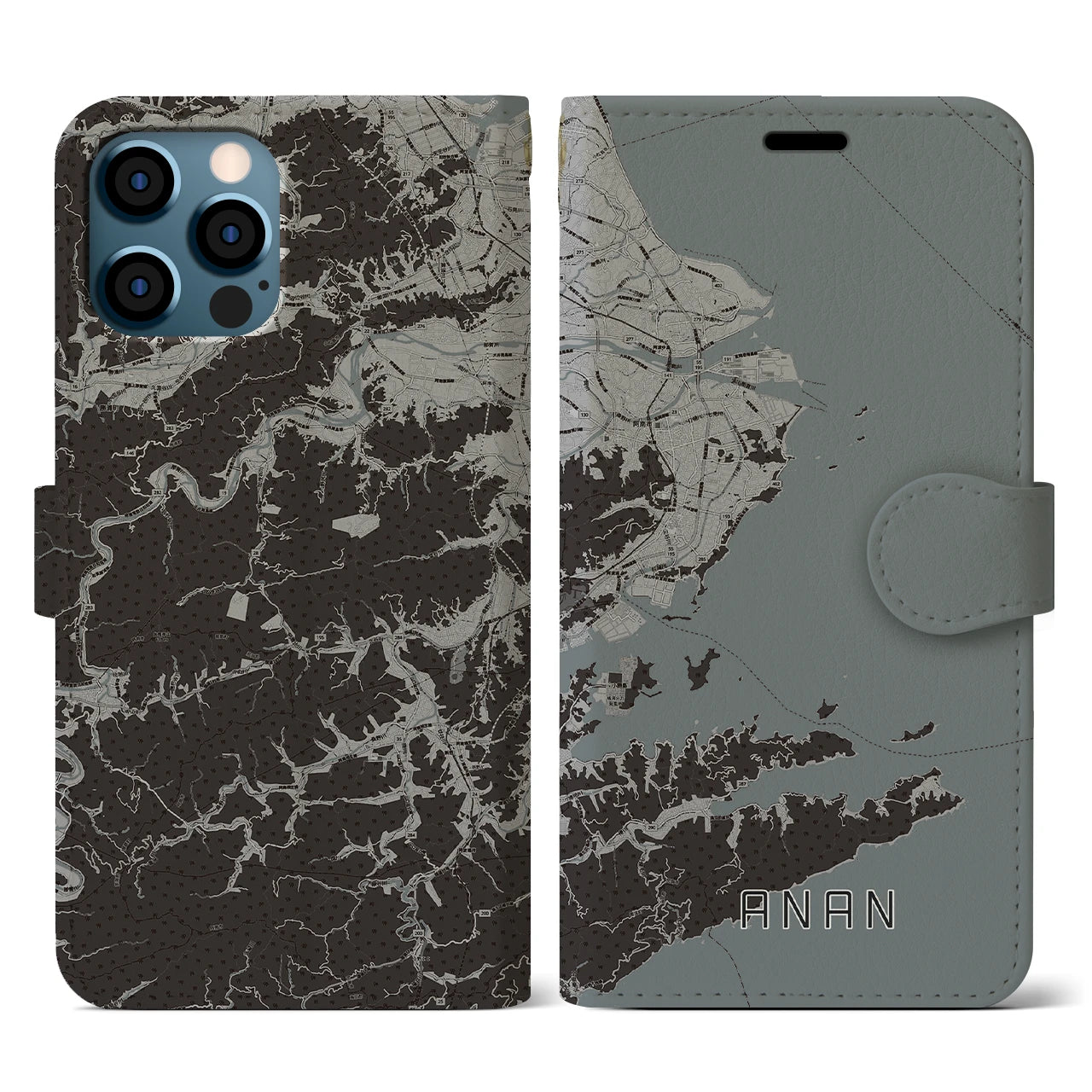 【阿南(徳島県)】地図柄iPhoneケース(手帳タイプ)モノトーン・iPhone 12 / 12 Pro 用