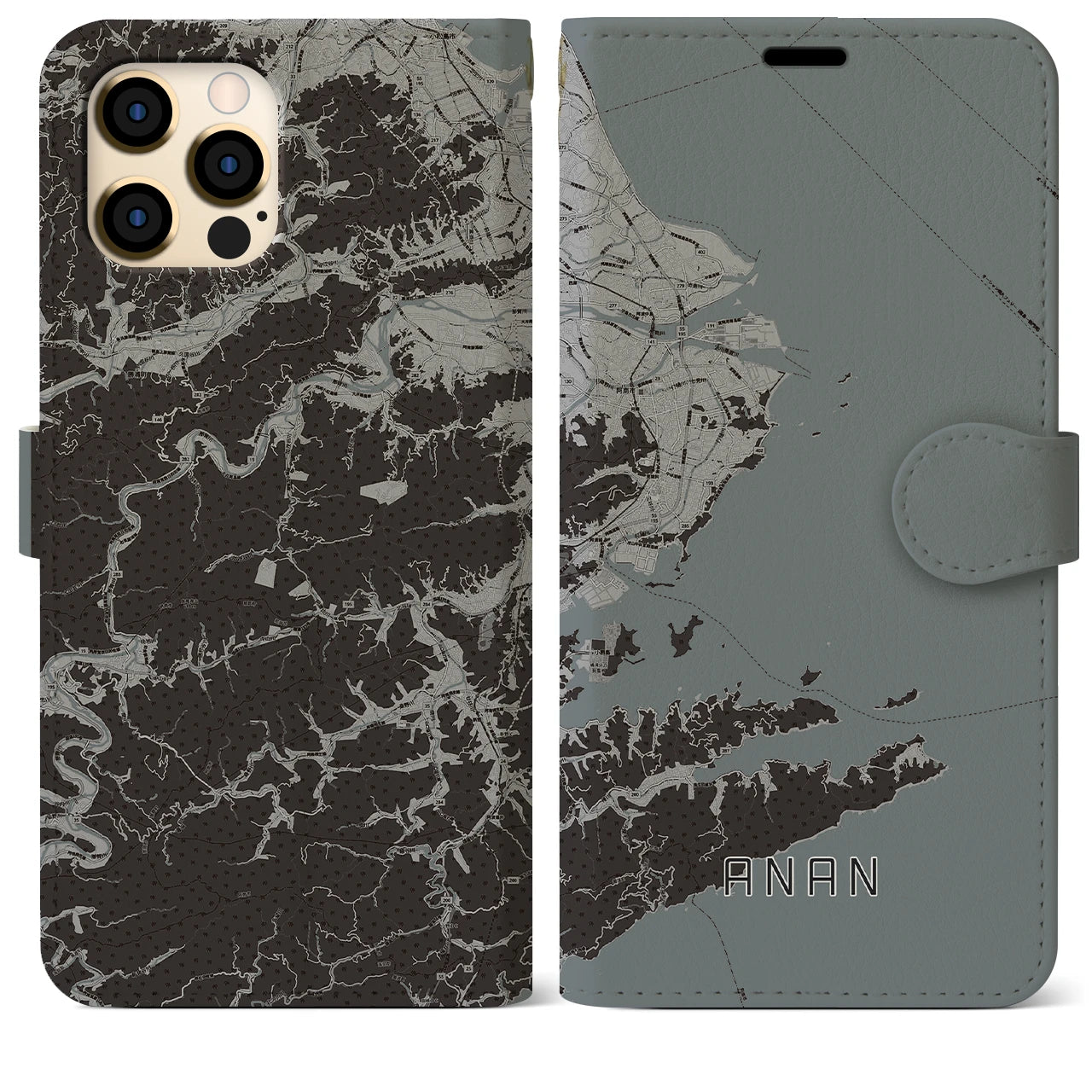 【阿南(徳島県)】地図柄iPhoneケース(手帳タイプ)モノトーン・iPhone 12 Pro Max 用