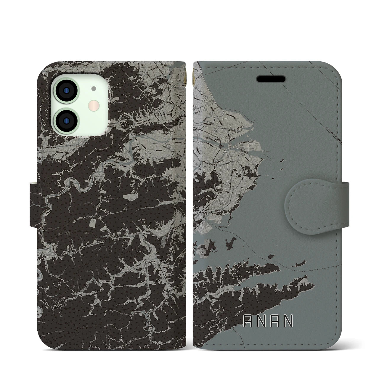 【阿南(徳島県)】地図柄iPhoneケース(手帳タイプ)モノトーン・iPhone 12 mini 用