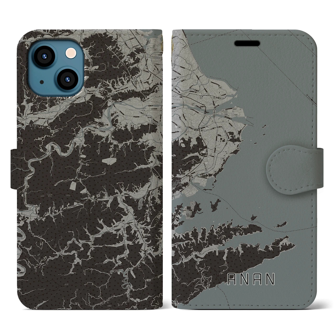 【阿南(徳島県)】地図柄iPhoneケース(手帳タイプ)モノトーン・iPhone 13 用