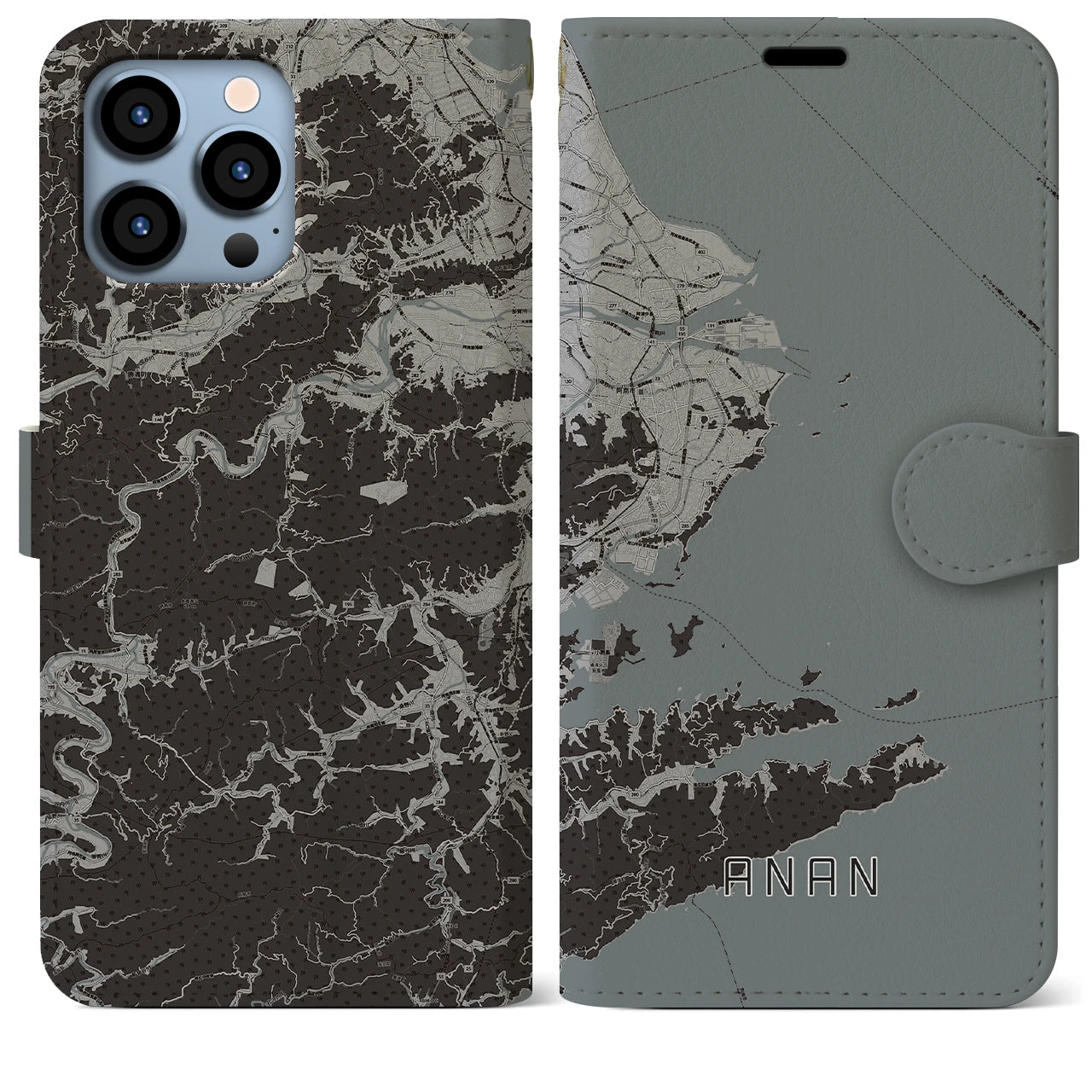 【阿南(徳島県)】地図柄iPhoneケース(手帳タイプ)モノトーン・iPhone 13 Pro Max 用