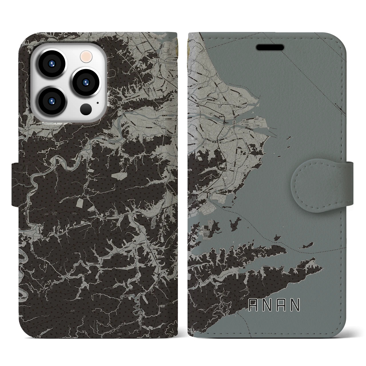 【阿南(徳島県)】地図柄iPhoneケース(手帳タイプ)モノトーン・iPhone 13 Pro 用